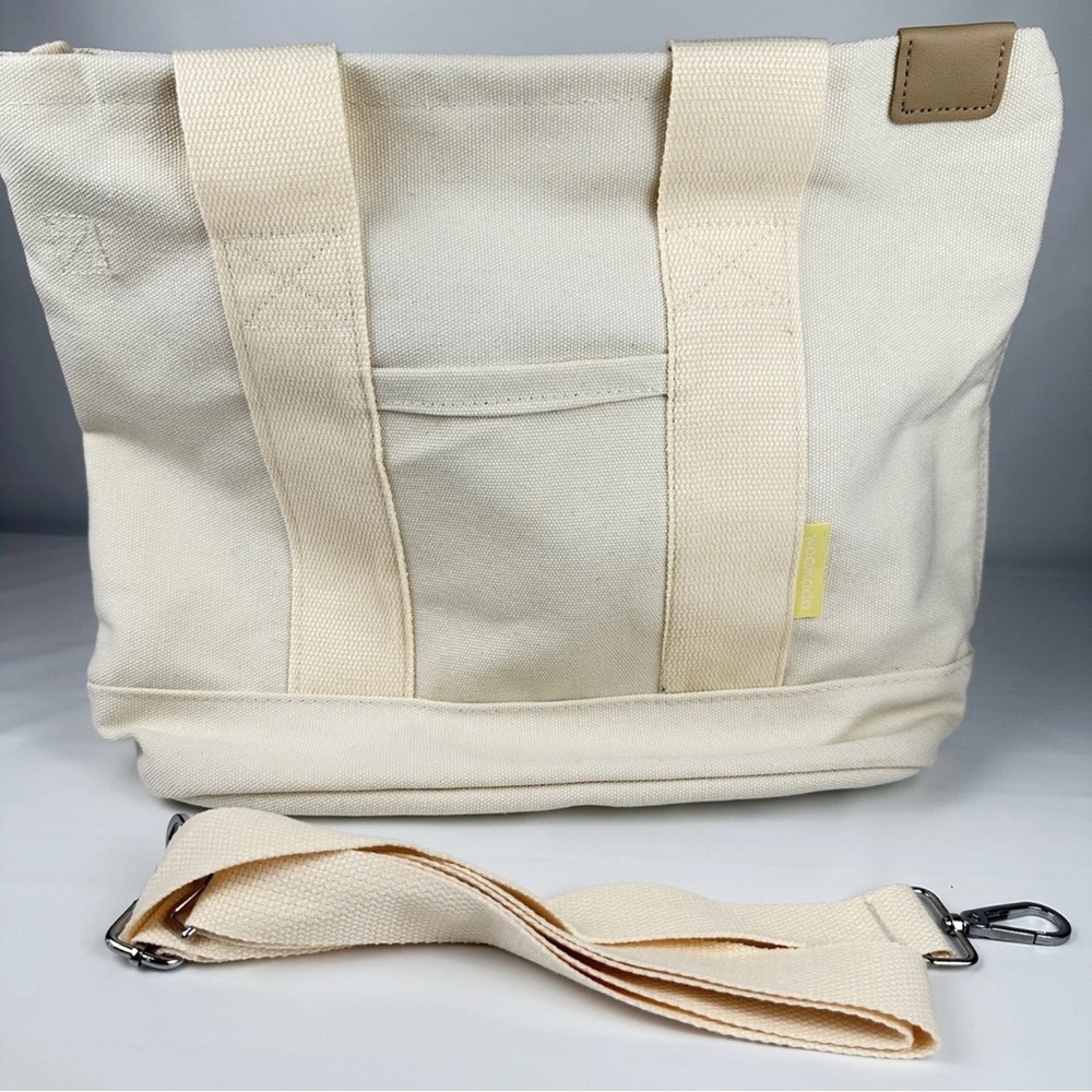 Woomada Canvas Tote Bag Cream Zipper Top w/ Adjustable Strap
